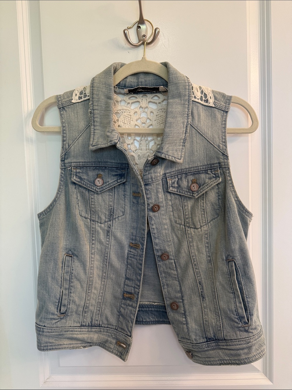 Anthropologie Pilcro Light Blue Denim Vest with White Crochet Back